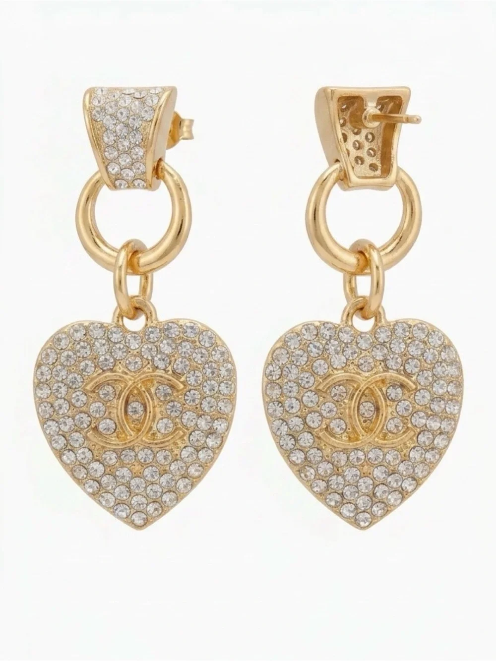 Gold Heart Drop Earrings with Crystal Accents